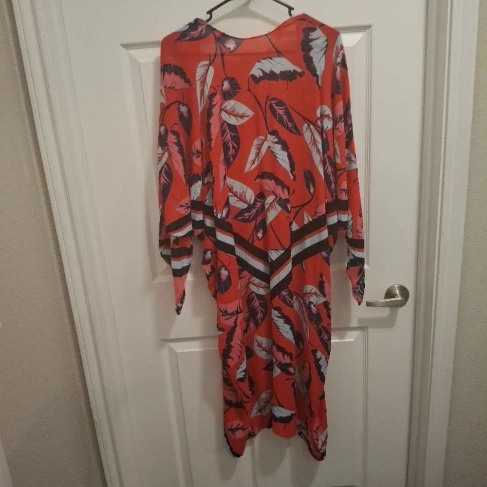 Unbranded One Size Red Blue Tropical‎ Leaf Loose Resort Kimono Coverup